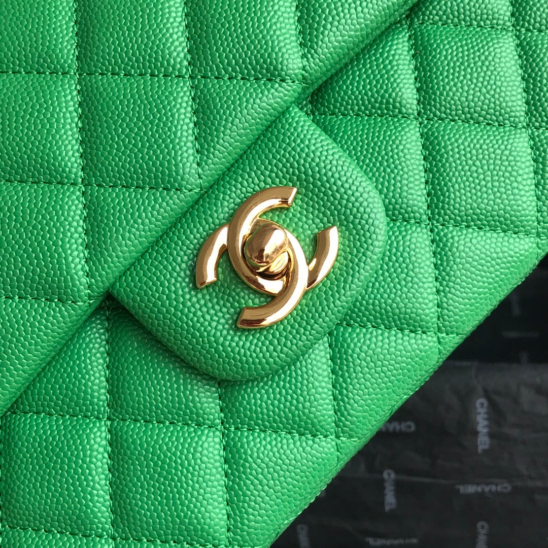Chanel A01112 Classic Handbag Grained Calfskin Green Gold