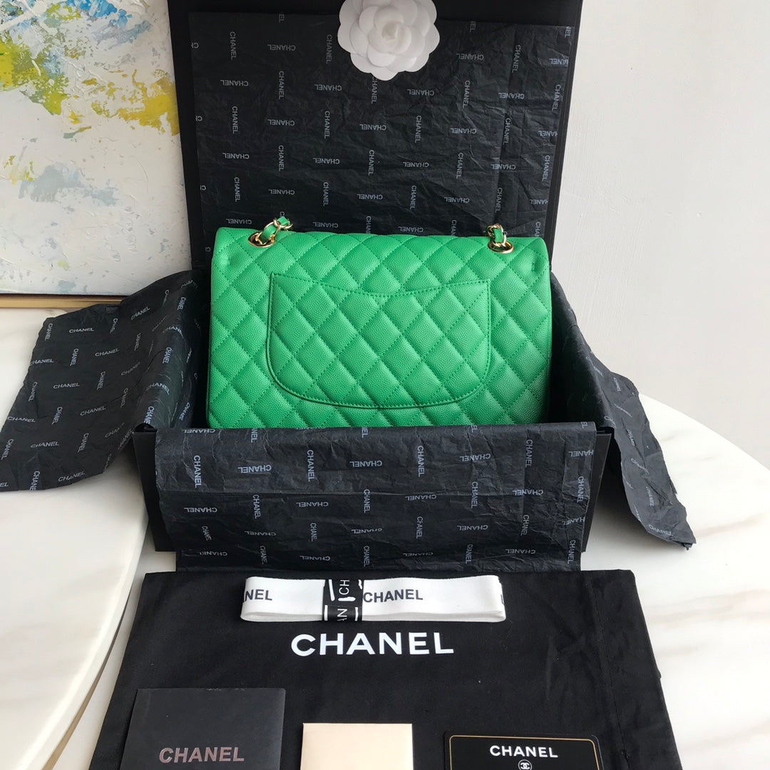 Chanel A01112 Classic Handbag Grained Calfskin Green Gold