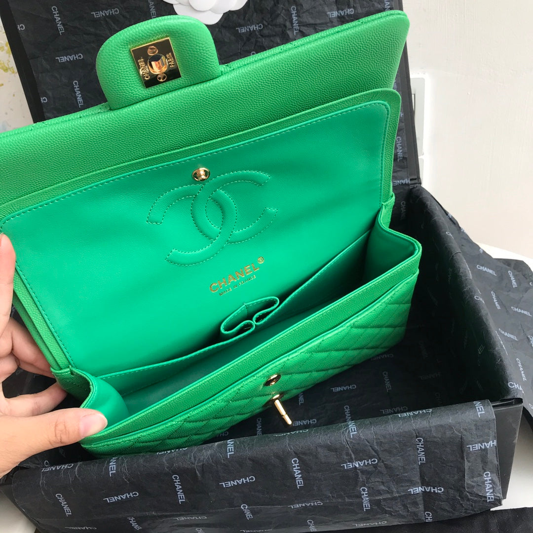 Chanel A01112 Classic Handbag Grained Calfskin Green Gold