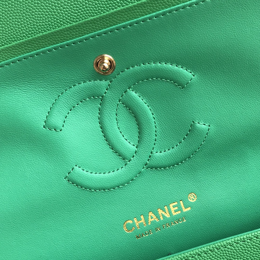 Chanel A01112 Classic Handbag Grained Calfskin Green Gold