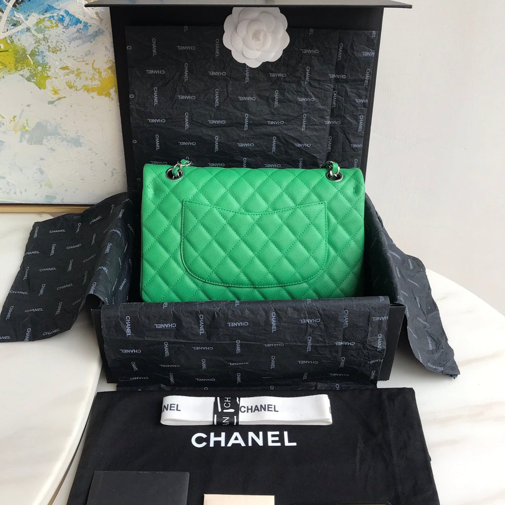 Chanel A01112 Classic Handbag Grained Calfskin Green Silver