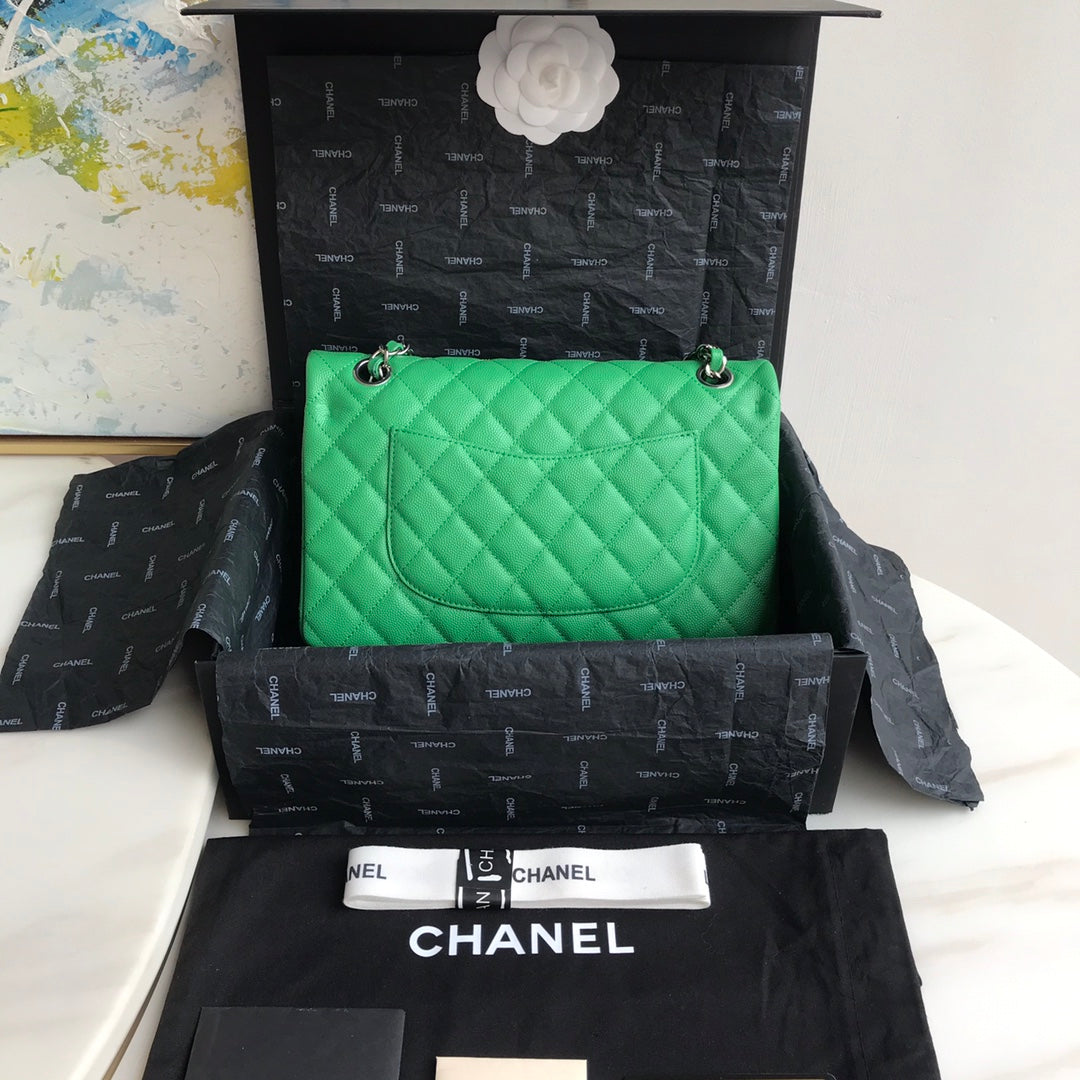 Chanel A01112 Classic Handbag Grained Calfskin Green Silver