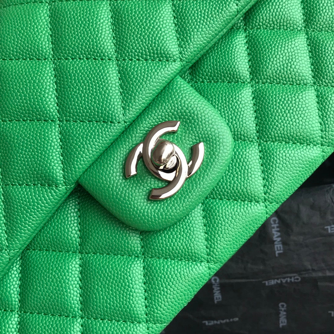 Chanel A01112 Classic Handbag Grained Calfskin Green Silver