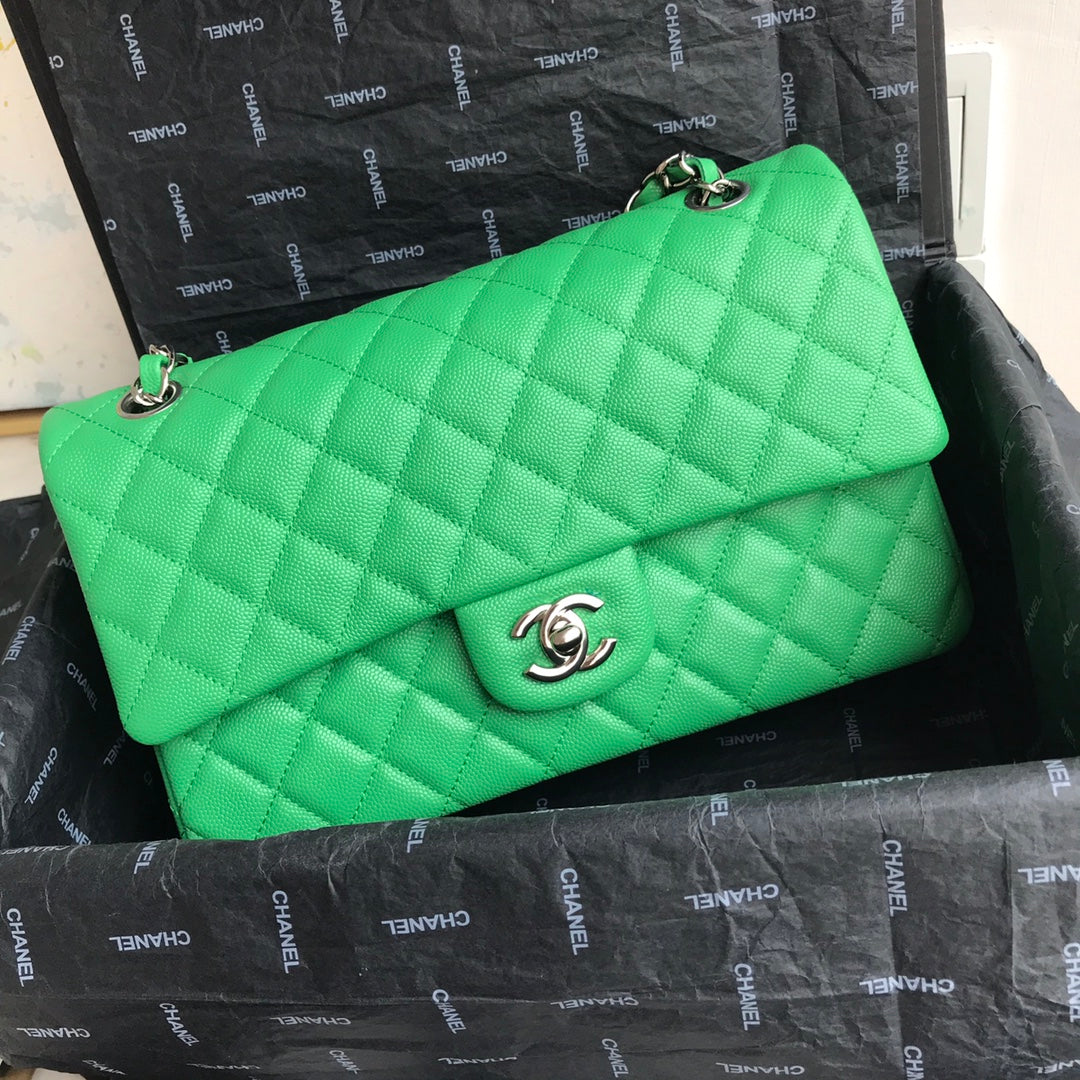 Chanel A01112 Classic Handbag Grained Calfskin Green Silver