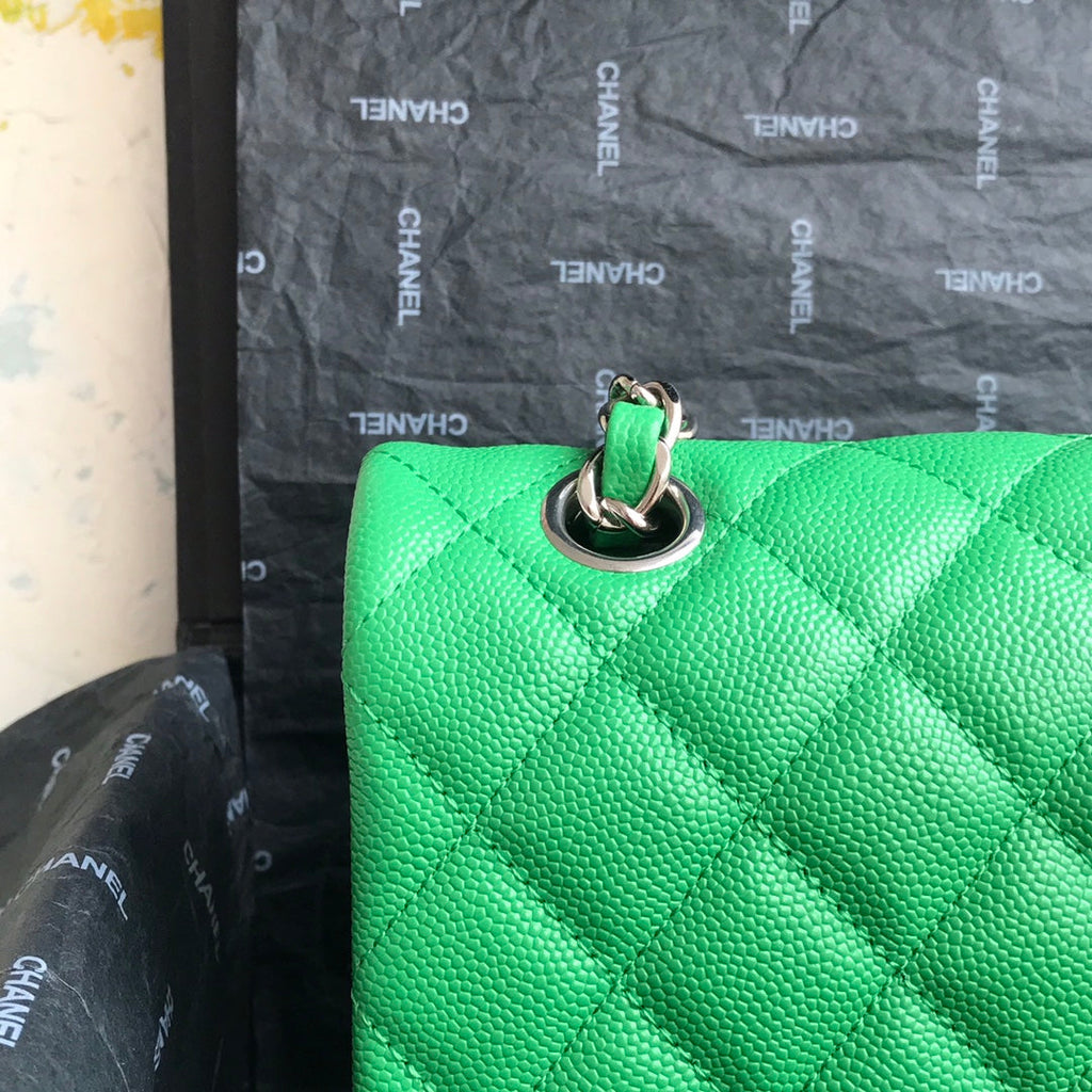 Chanel A01112 Classic Handbag Grained Calfskin Green Silver