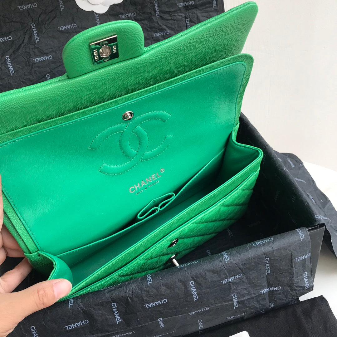 Chanel A01112 Classic Handbag Grained Calfskin Green Silver