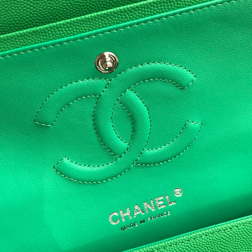 Chanel A01112 Classic Handbag Grained Calfskin Green Silver