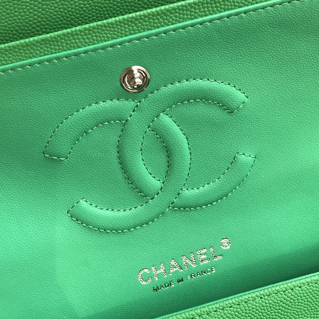 Chanel A01112 Classic Handbag Grained Calfskin Green Silver