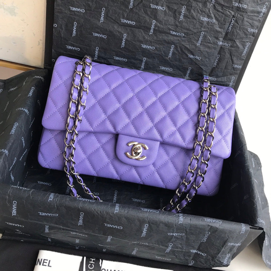 Chanel A01112 Classic Handbag Grained Calfskin Purple Silver