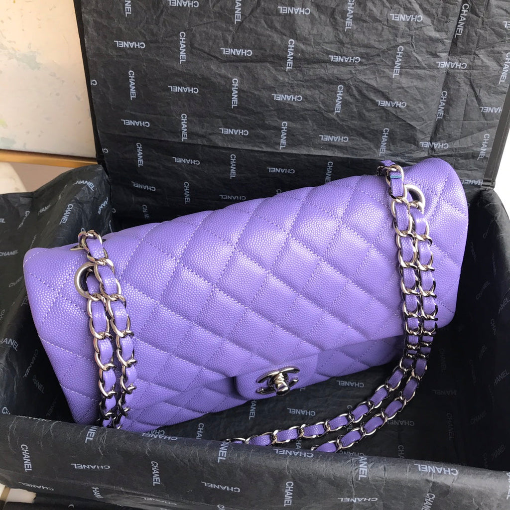 Chanel A01112 Classic Handbag Grained Calfskin Purple Silver