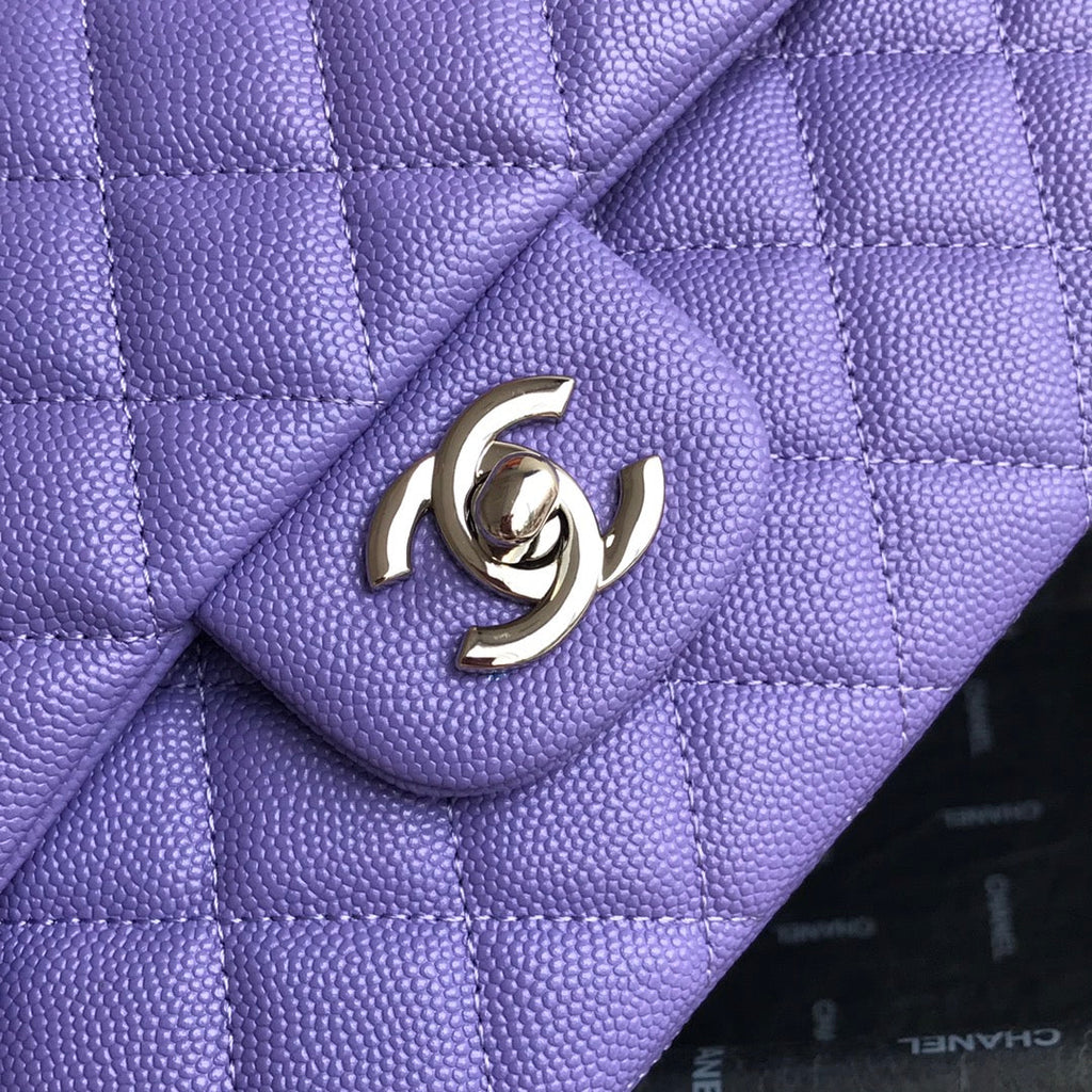Chanel A01112 Classic Handbag Grained Calfskin Purple Silver