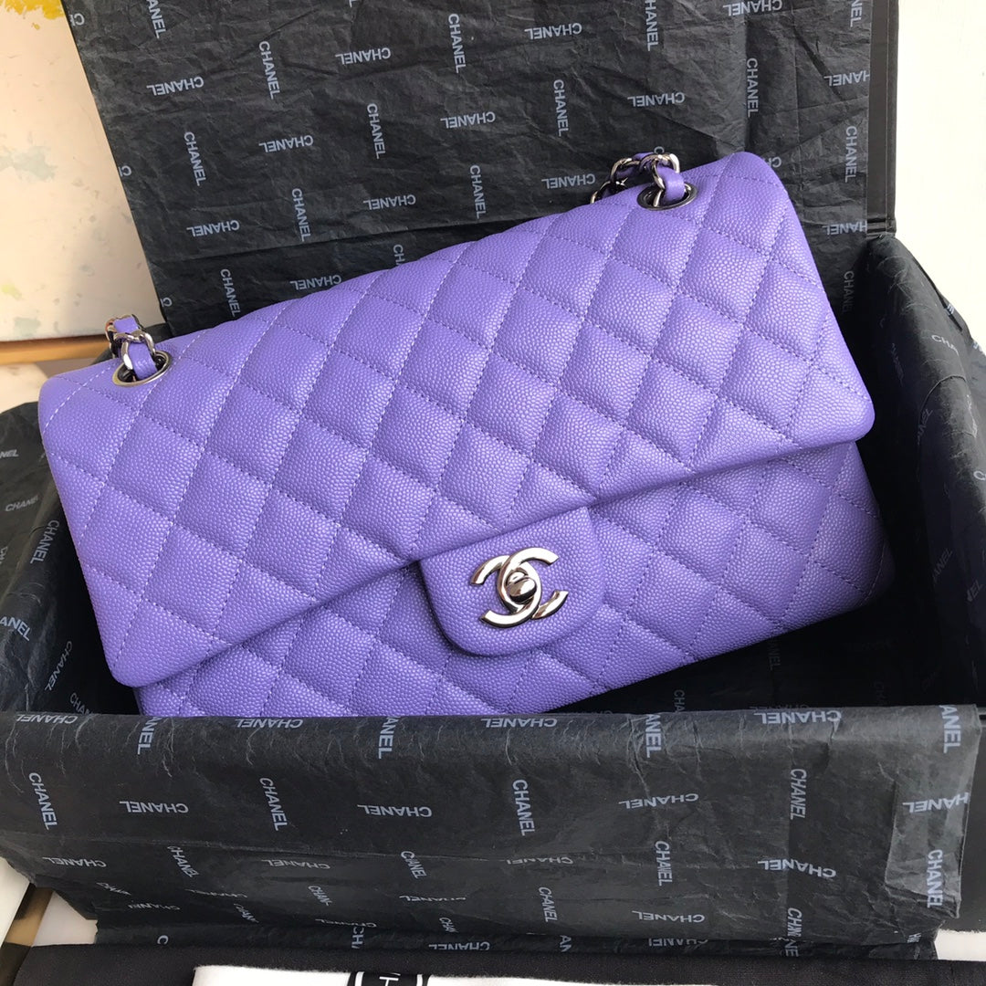 Chanel A01112 Classic Handbag Grained Calfskin Purple Silver