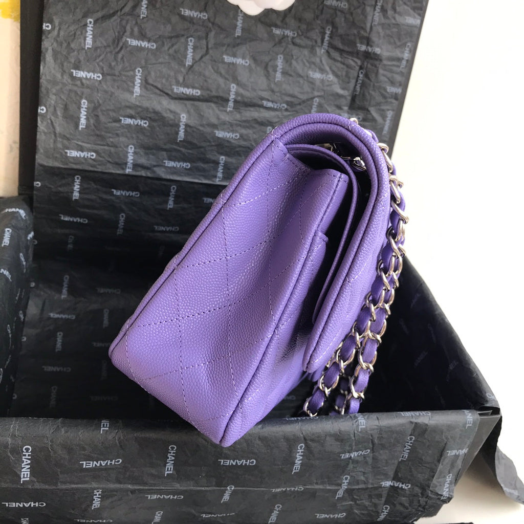 Chanel A01112 Classic Handbag Grained Calfskin Purple Silver