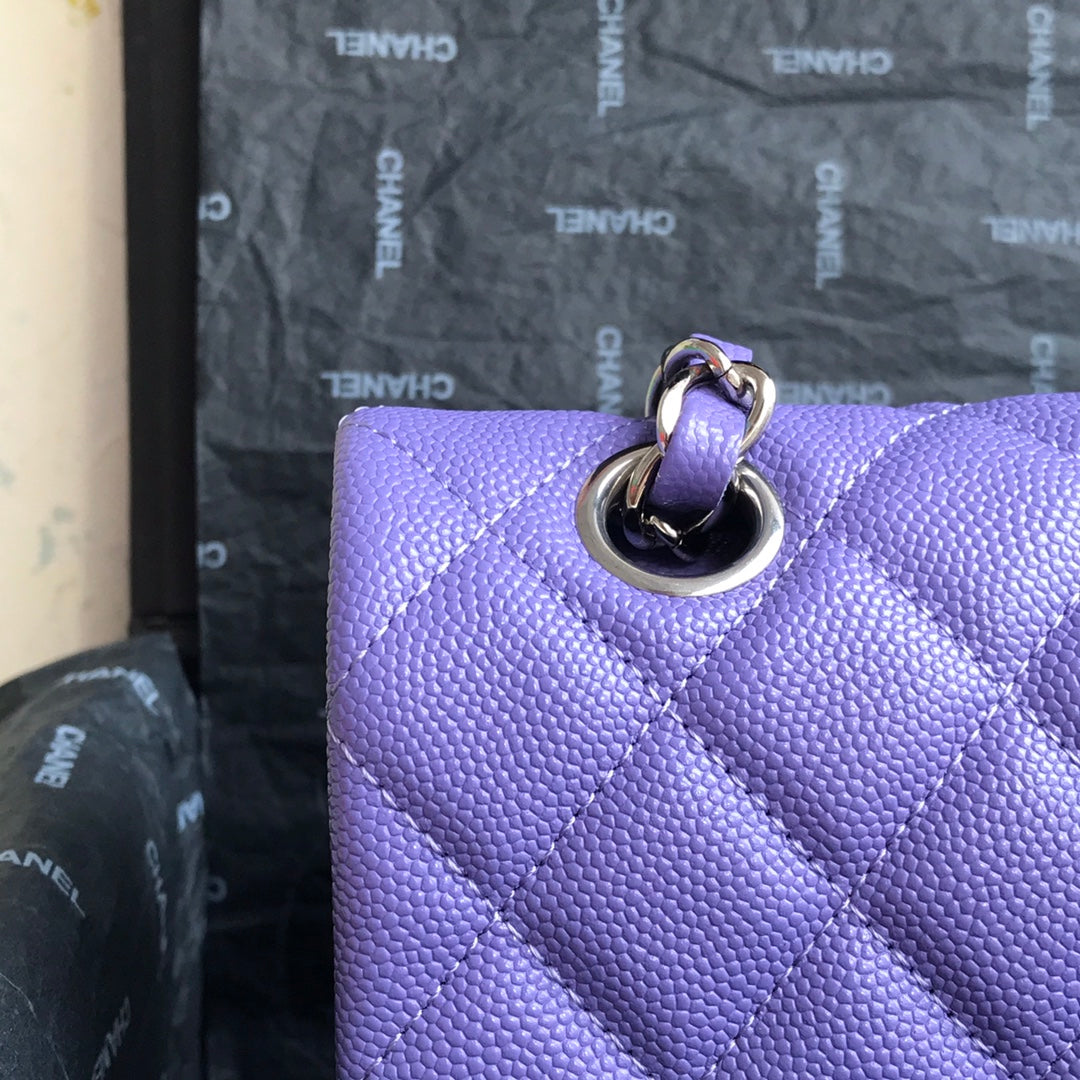 Chanel A01112 Classic Handbag Grained Calfskin Purple Silver