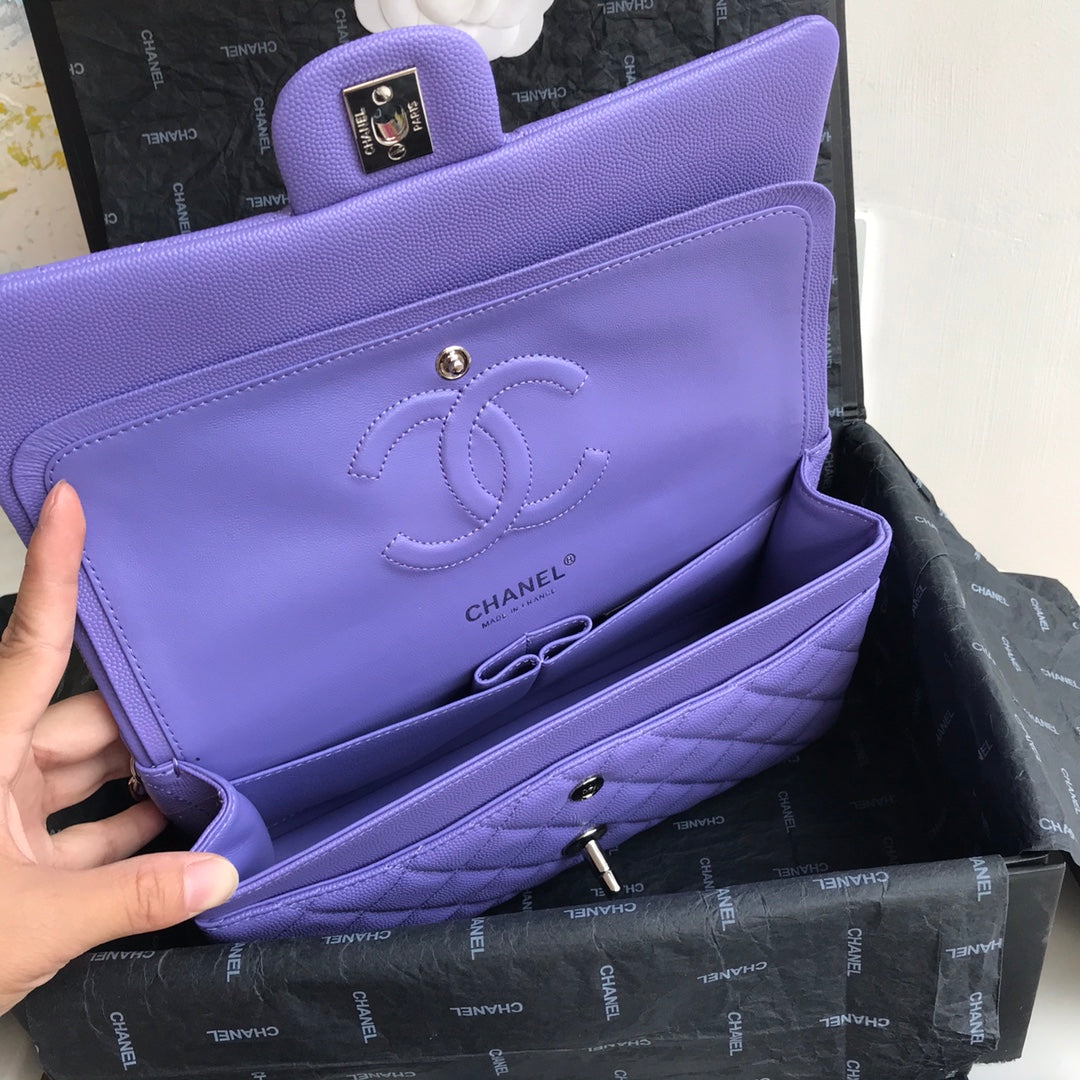 Chanel A01112 Classic Handbag Grained Calfskin Purple Silver