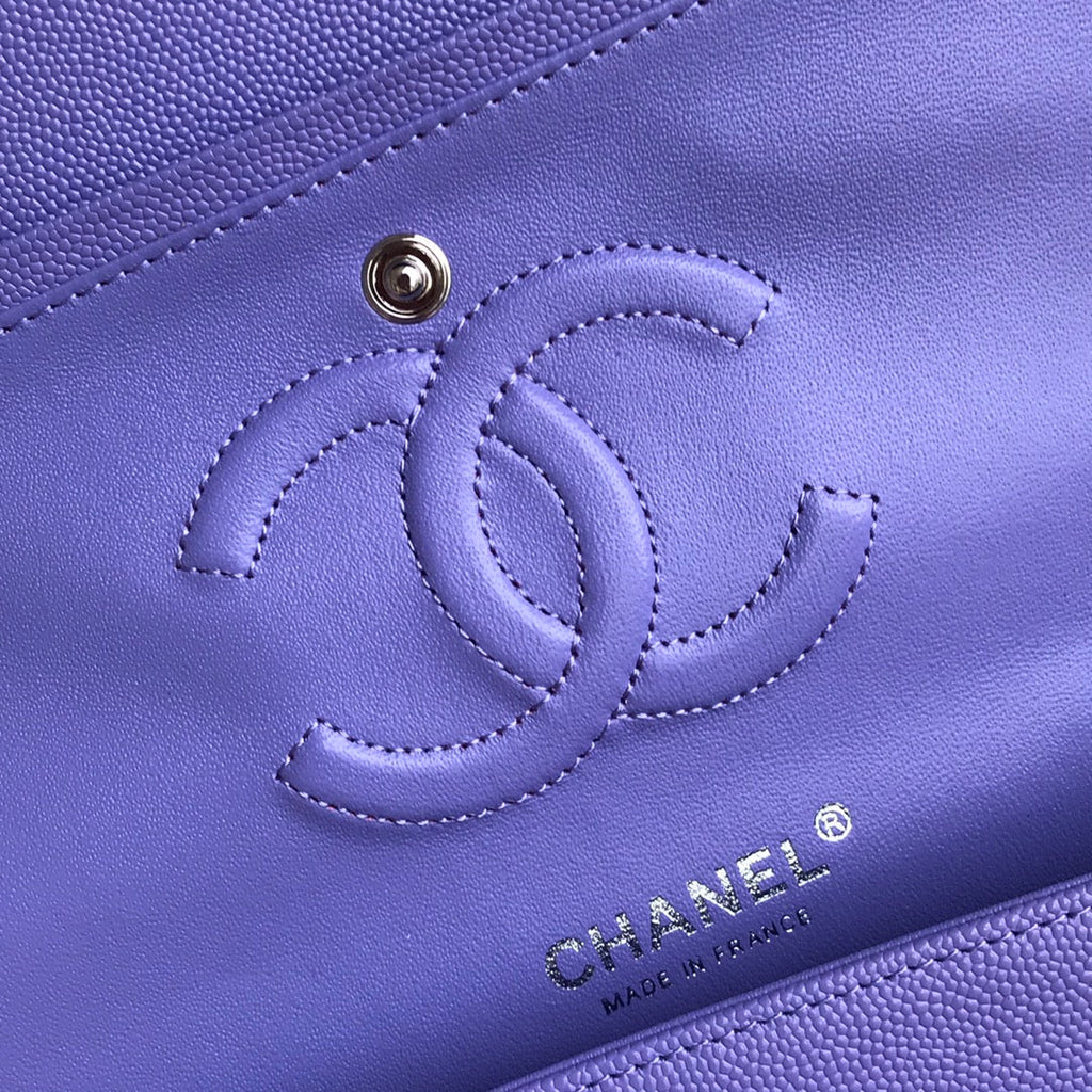 Chanel A01112 Classic Handbag Grained Calfskin Purple Silver
