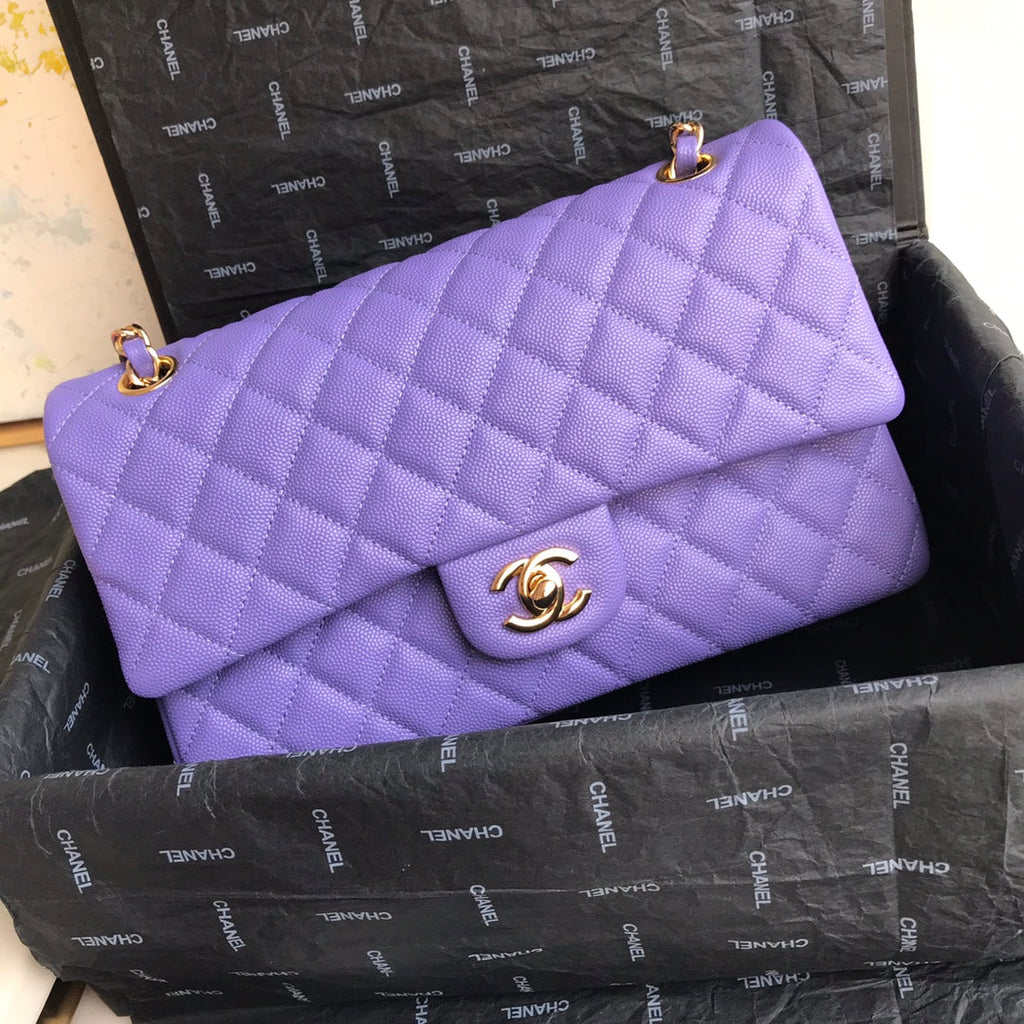Chanel A01112 Classic Handbag Grained Calfskin Purple Gold