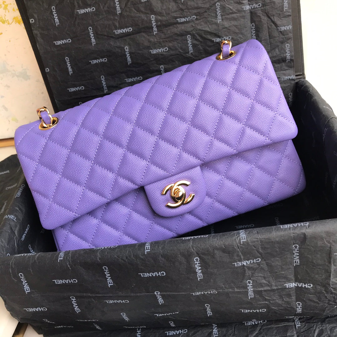 Chanel A01112 Classic Handbag Grained Calfskin Purple Gold