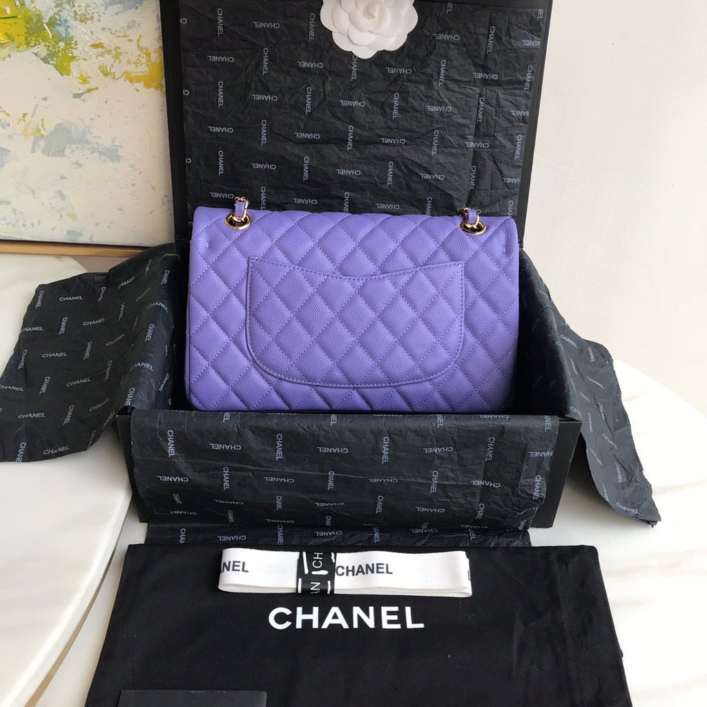 Chanel A01112 Classic Handbag Grained Calfskin Purple Gold
