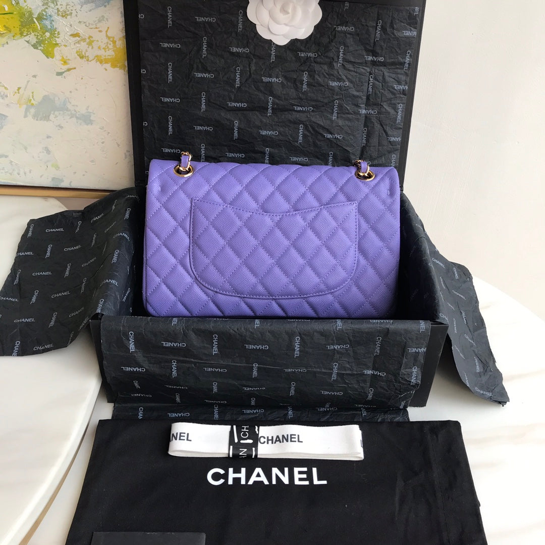 Chanel A01112 Classic Handbag Grained Calfskin Purple Gold