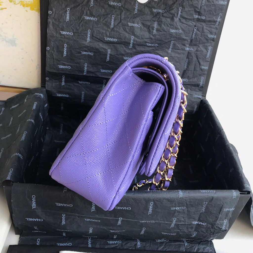 Chanel A01112 Classic Handbag Grained Calfskin Purple Gold