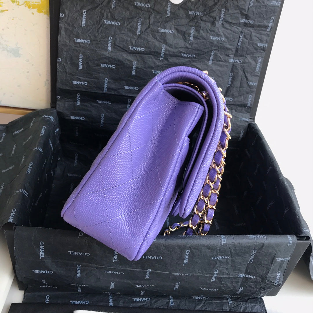 Chanel A01112 Classic Handbag Grained Calfskin Purple Gold