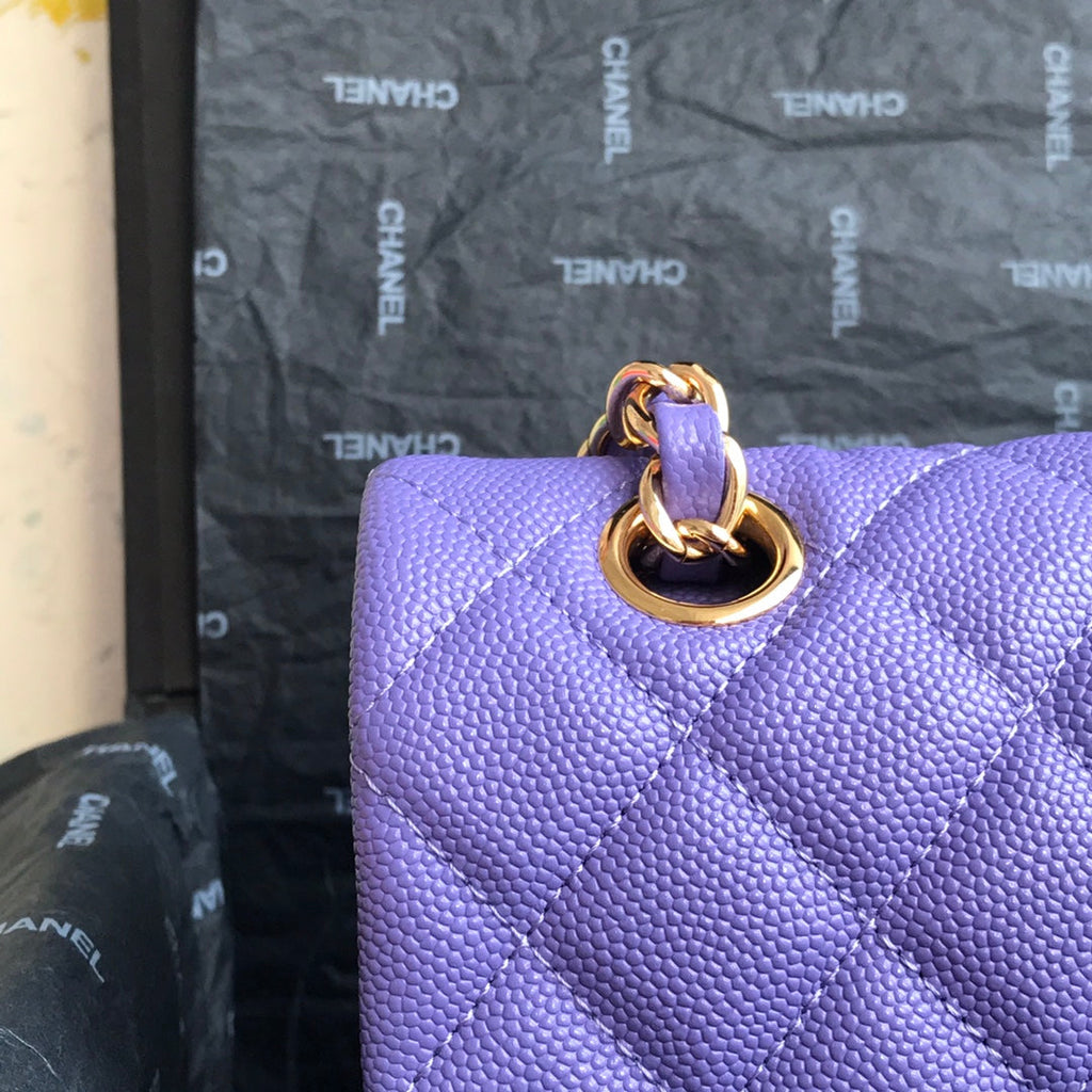Chanel A01112 Classic Handbag Grained Calfskin Purple Gold