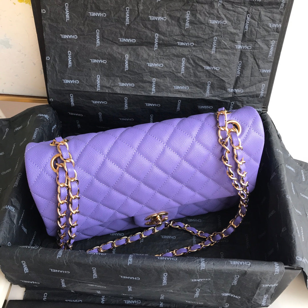 Chanel A01112 Classic Handbag Grained Calfskin Purple Gold