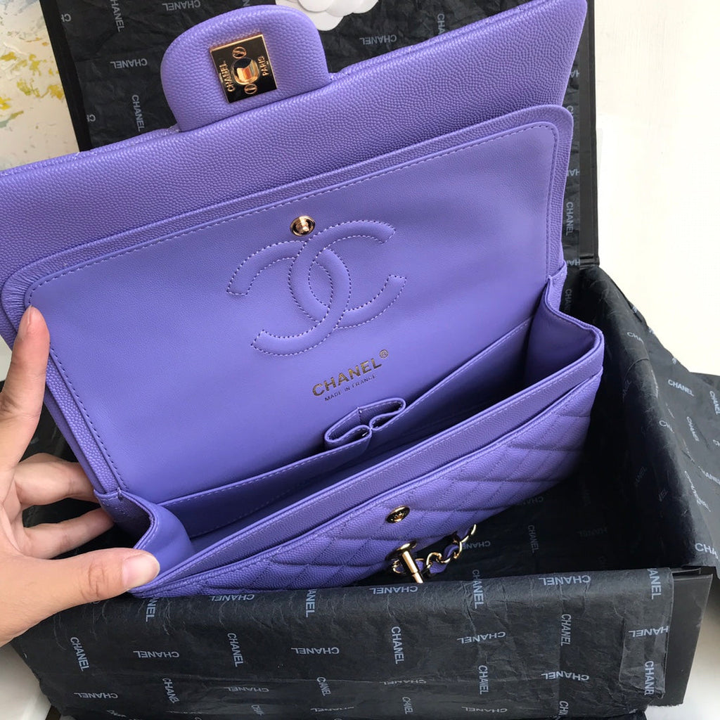 Chanel A01112 Classic Handbag Grained Calfskin Purple Gold