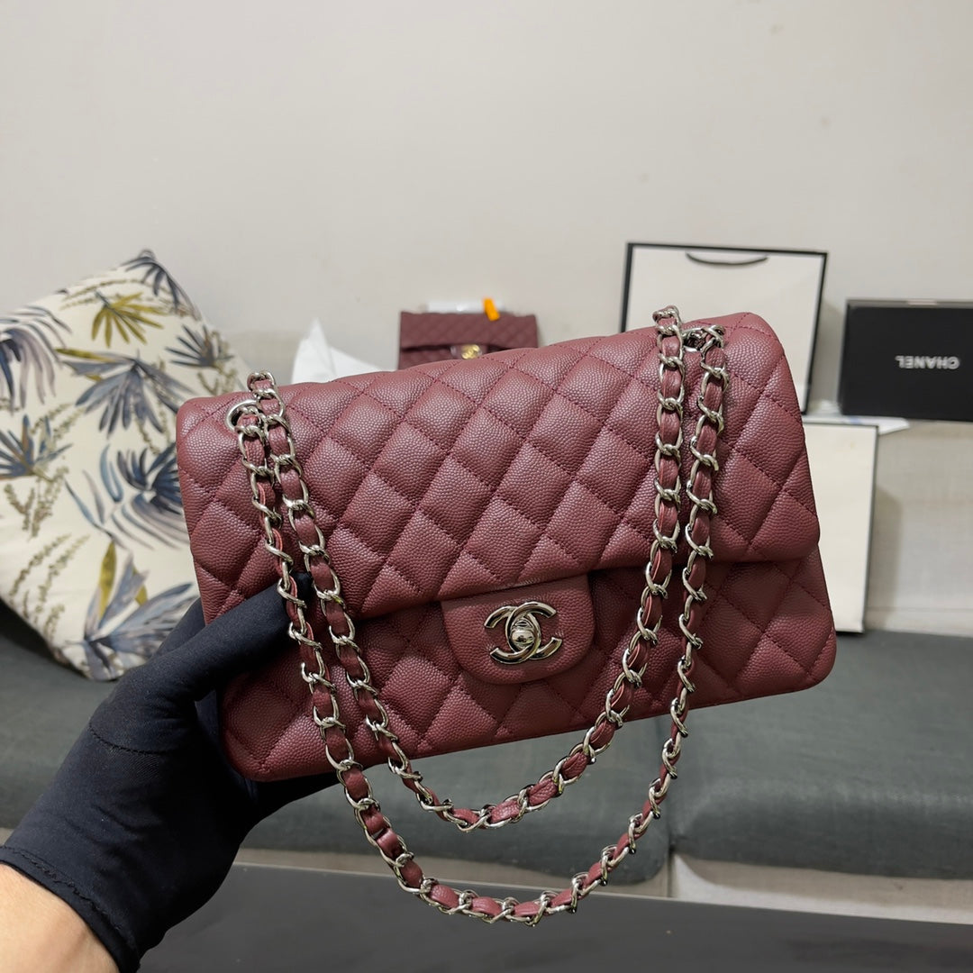 Chanel A01112 Classic Handbag Grained Calfskin Wine Red Silver