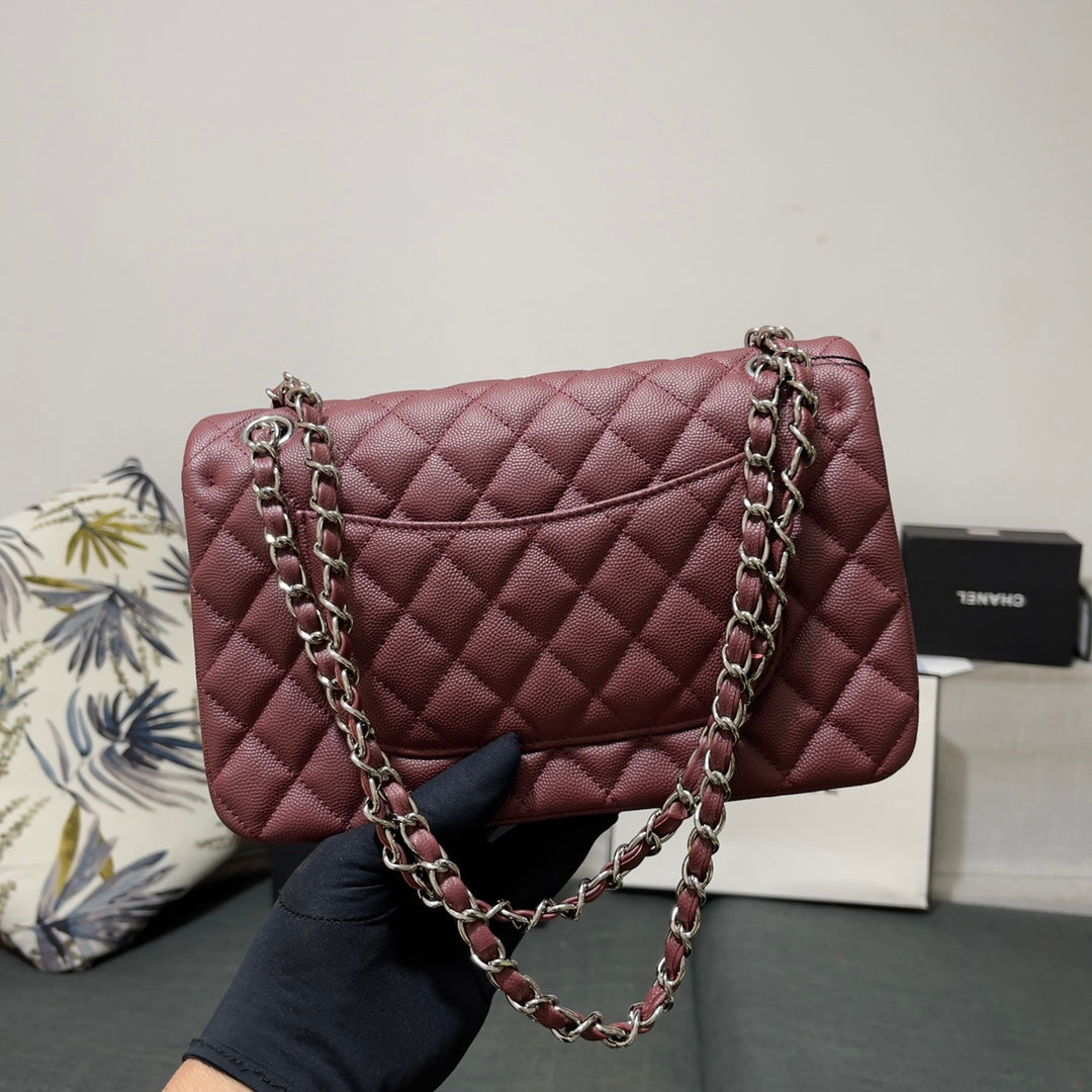Chanel A01112 Classic Handbag Grained Calfskin Wine Red Silver
