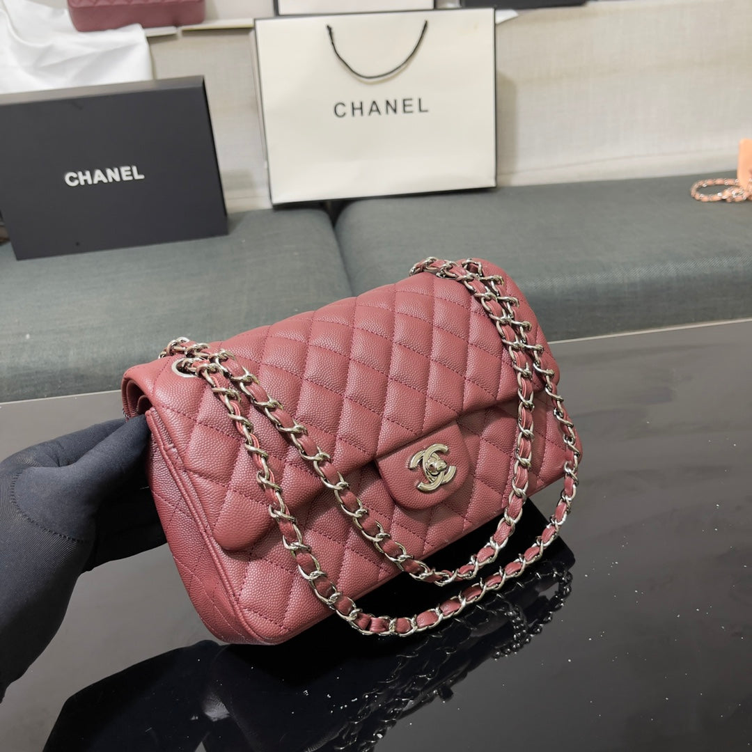 Chanel A01112 Classic Handbag Grained Calfskin Wine Red Silver