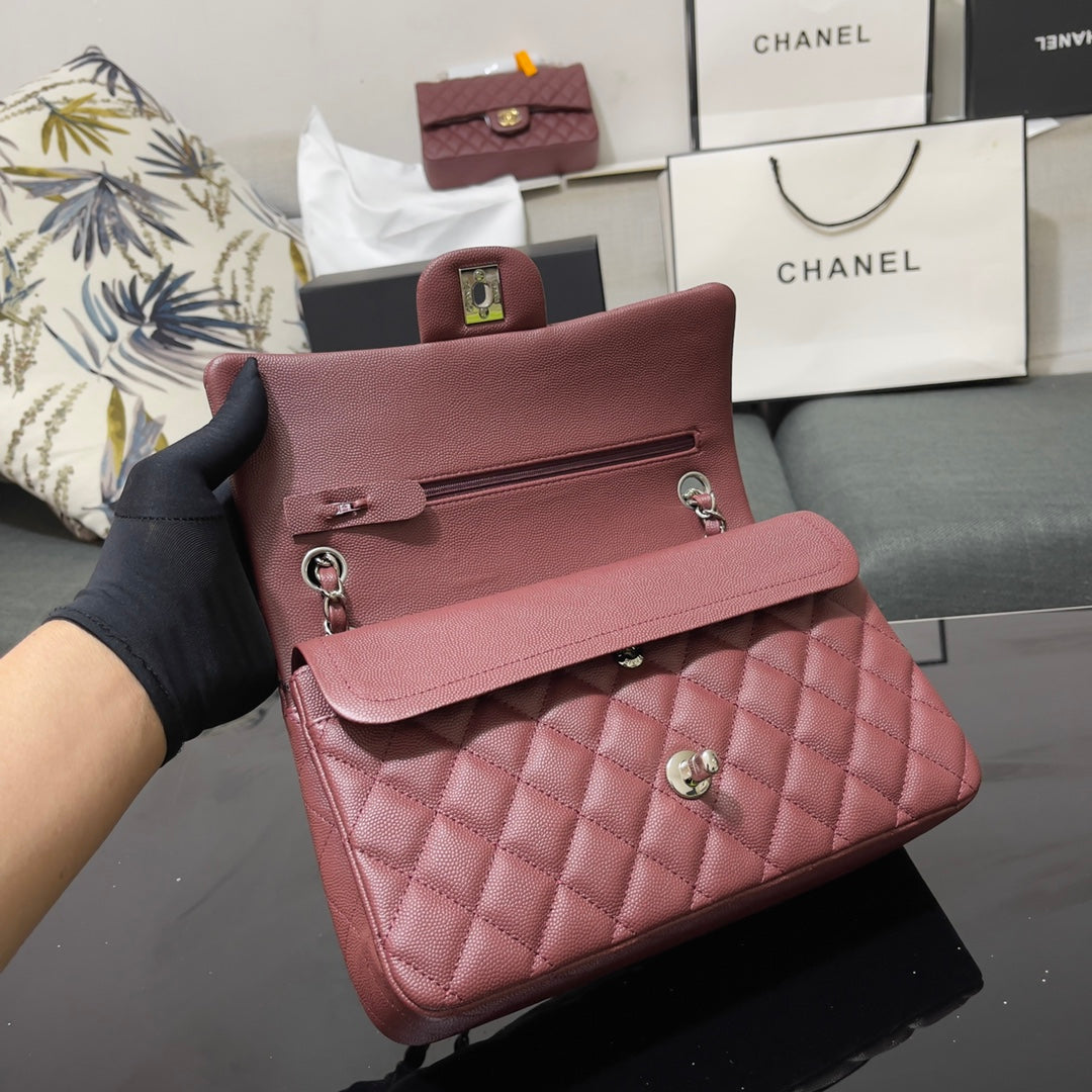 Chanel A01112 Classic Handbag Grained Calfskin Wine Red Silver