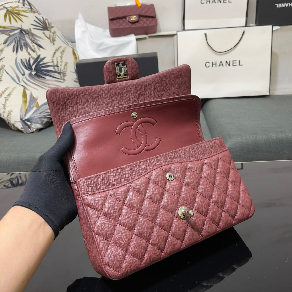 Chanel A01112 Classic Handbag Grained Calfskin Wine Red Silver