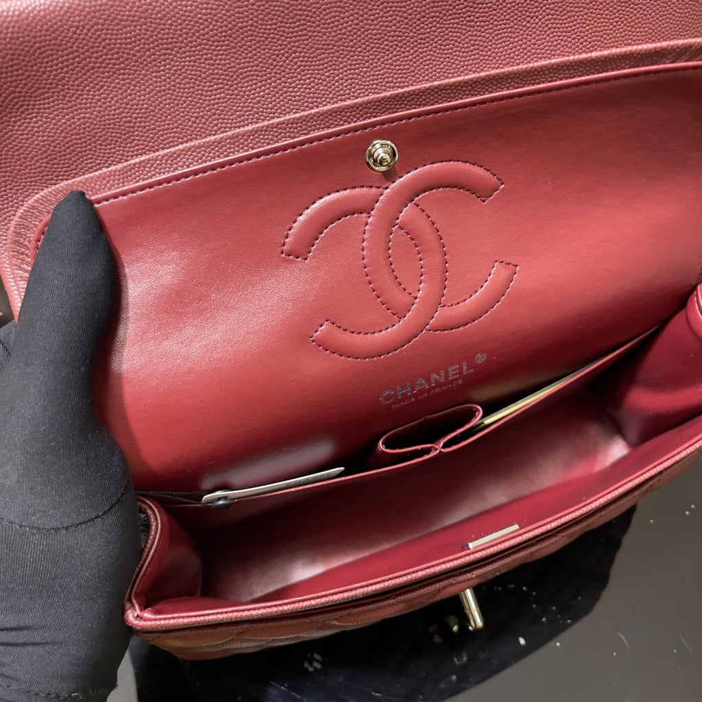 Chanel A01112 Classic Handbag Grained Calfskin Wine Red Silver