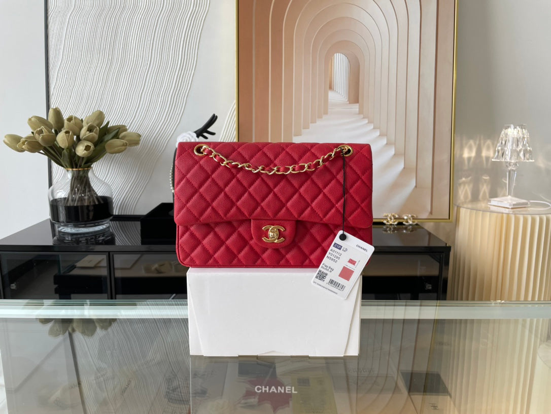Chanel A01112 Classic Handbag Grained Calfskin Red Gold