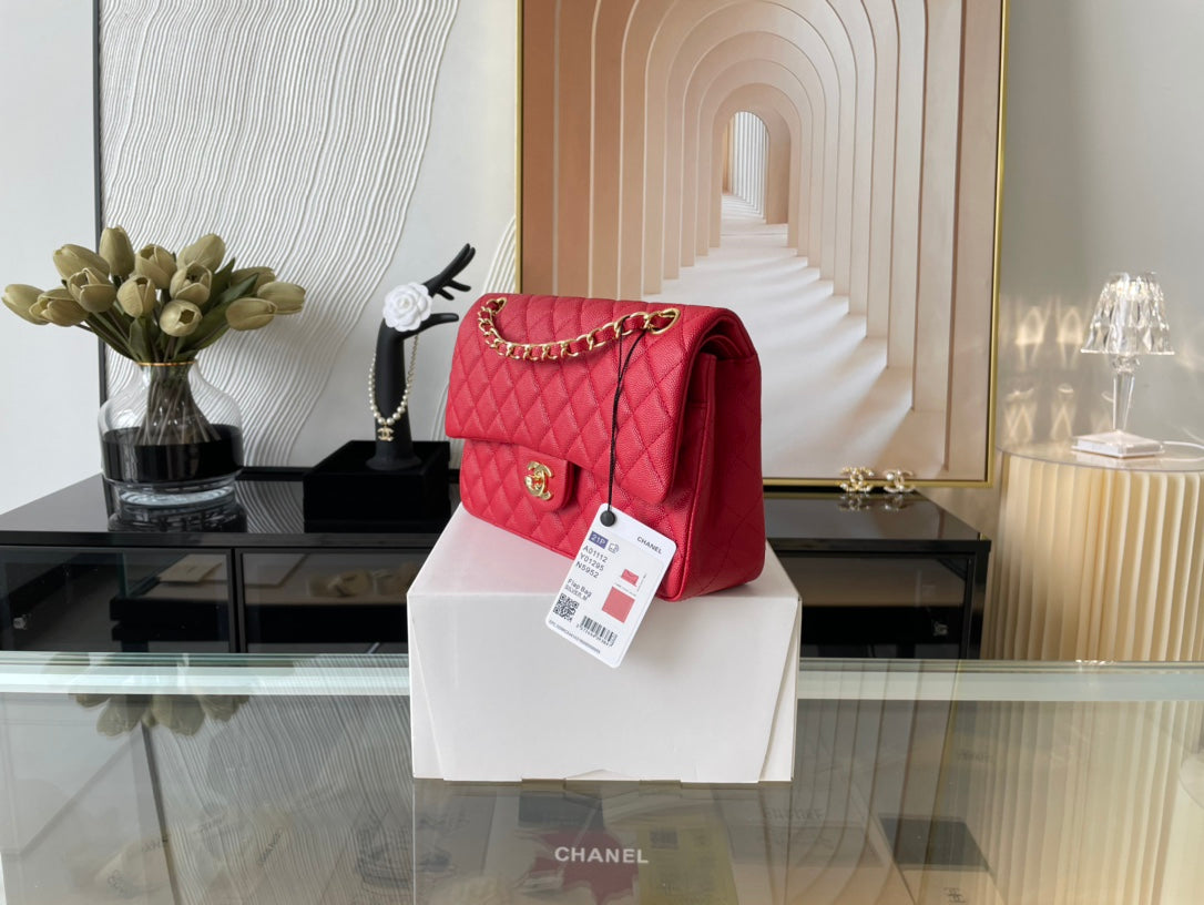 Chanel A01112 Classic Handbag Grained Calfskin Red Gold