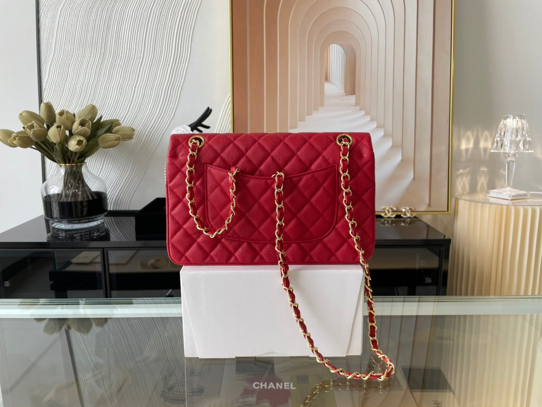 Chanel A01112 Classic Handbag Grained Calfskin Red Gold