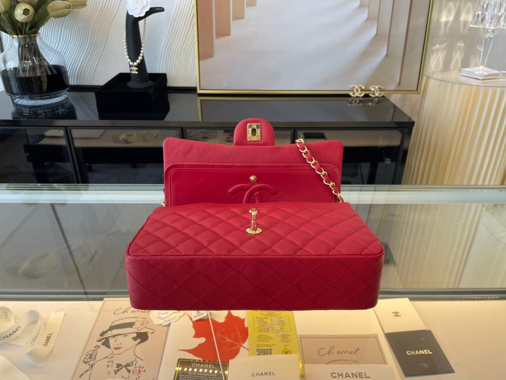 Chanel A01112 Classic Handbag Grained Calfskin Red Gold