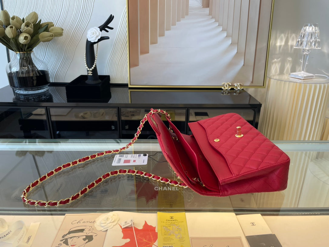 Chanel A01112 Classic Handbag Grained Calfskin Red Gold