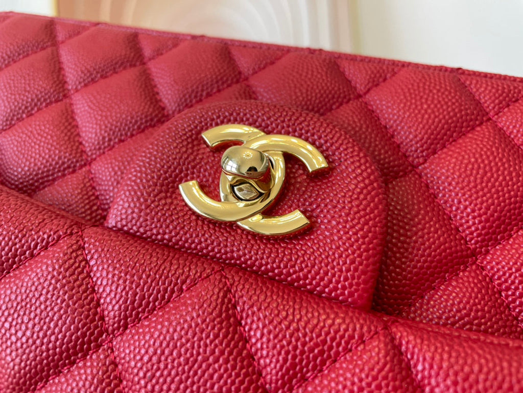 Chanel A01112 Classic Handbag Grained Calfskin Red Gold