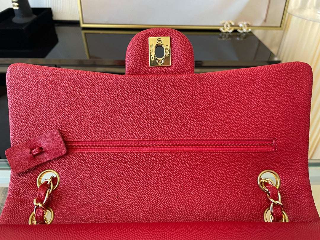 Chanel A01112 Classic Handbag Grained Calfskin Red Gold