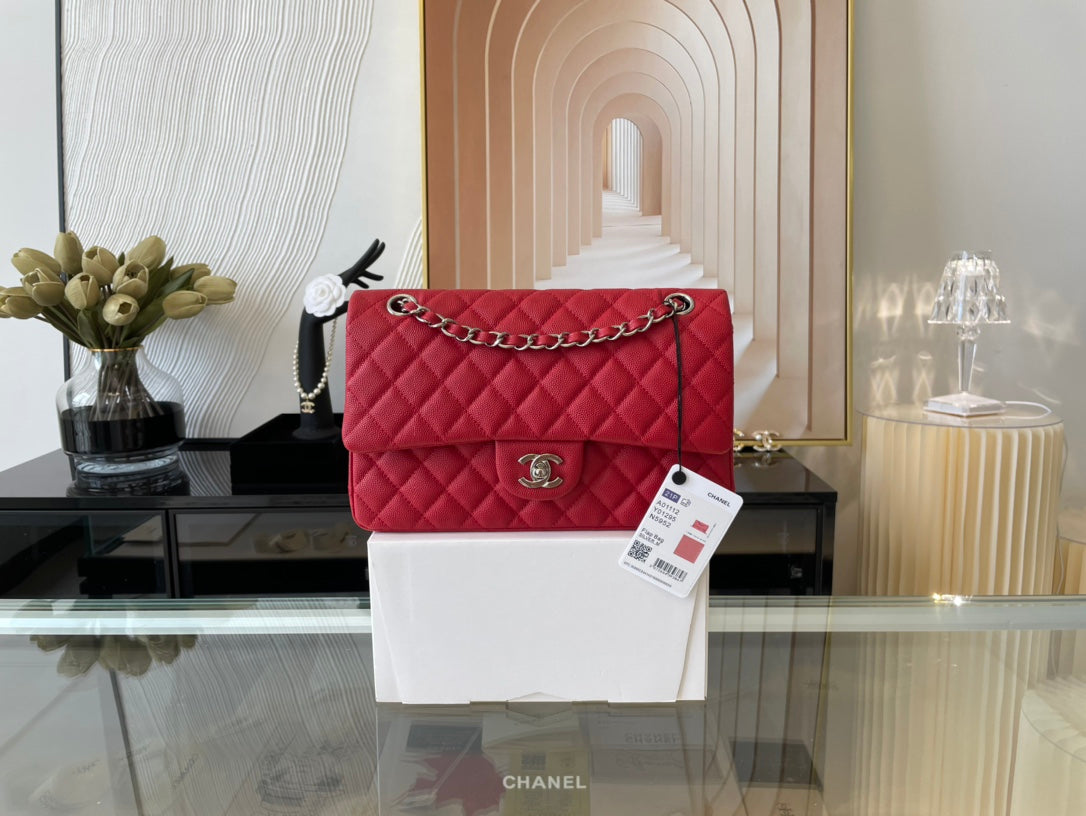 Chanel A01112 Classic Handbag Grained Calfskin Red Silver