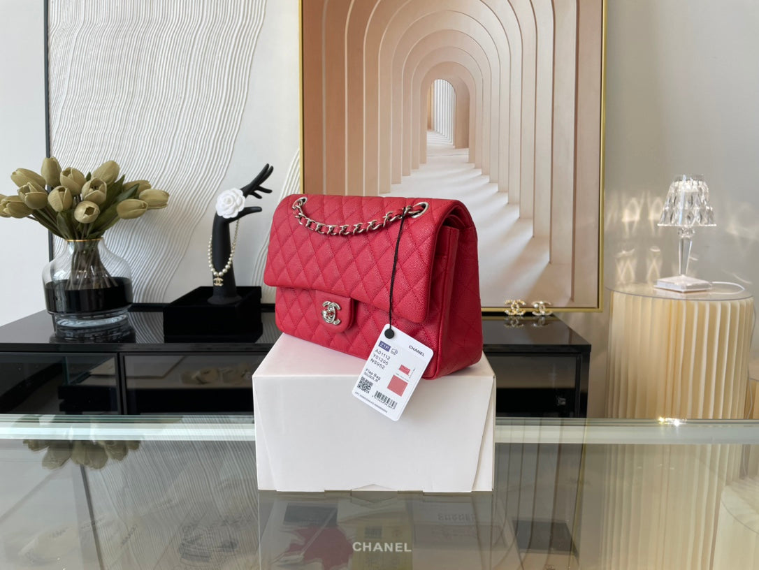 Chanel A01112 Classic Handbag Grained Calfskin Red Silver