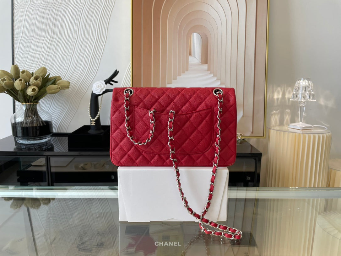 Chanel A01112 Classic Handbag Grained Calfskin Red Silver