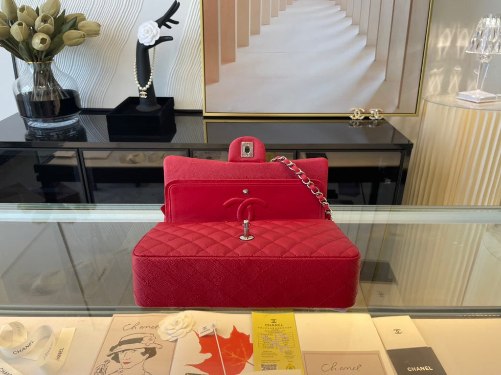 Chanel A01112 Classic Handbag Grained Calfskin Red Silver