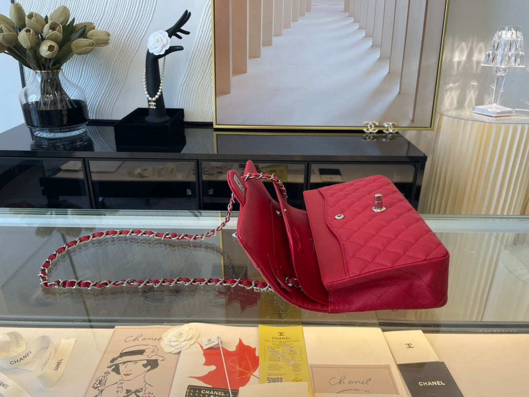 Chanel A01112 Classic Handbag Grained Calfskin Red Silver