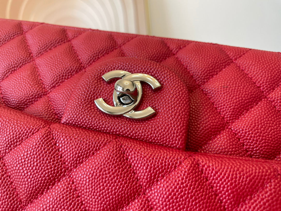 Chanel A01112 Classic Handbag Grained Calfskin Red Silver