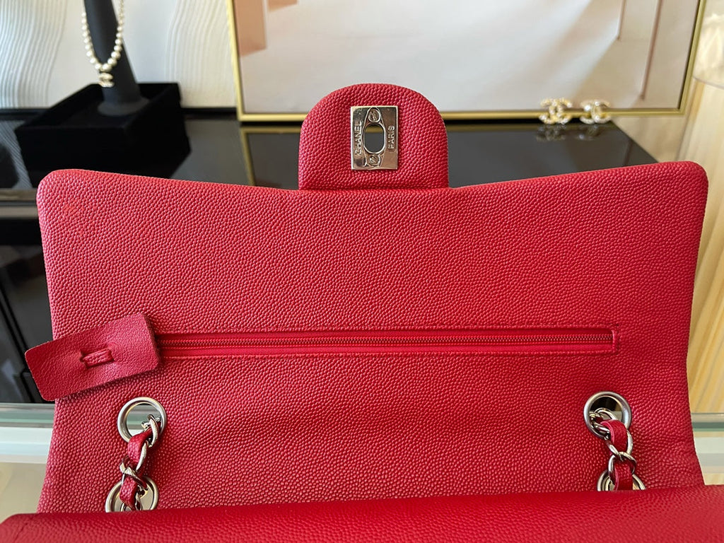 Chanel A01112 Classic Handbag Grained Calfskin Red Silver