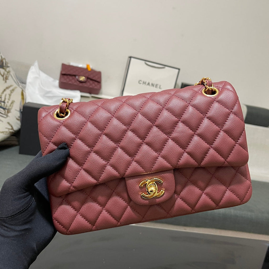 Chanel A01112 Classic Handbag Grained Calfskin Wine Red Gold